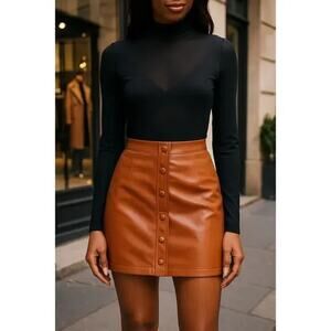 Lulus Most Fab Brown Vegan Leather Button-Front Mini Skirt L NWT